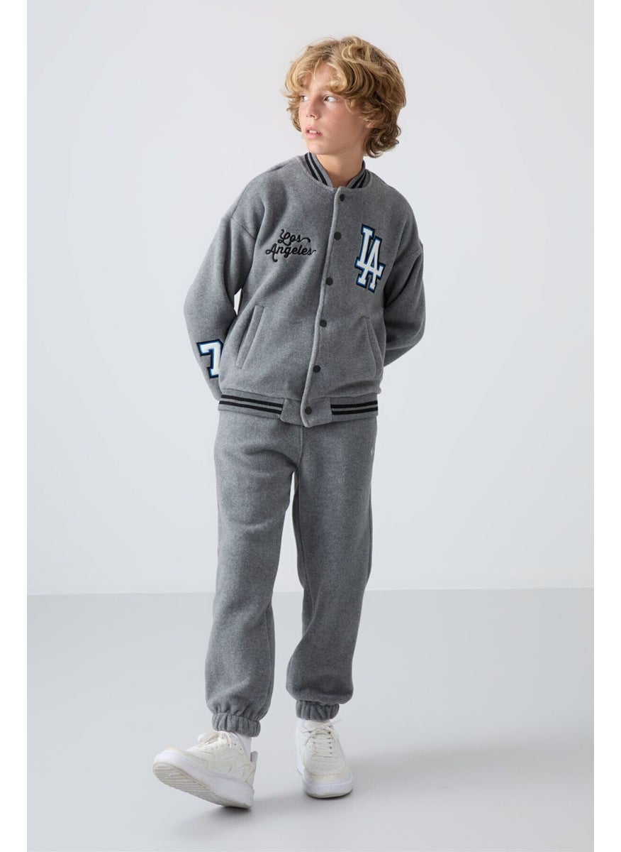 Gray Melange Thick Soft Texture Standard Fit Embroidered Fleece Boys College Jacket - 11227
