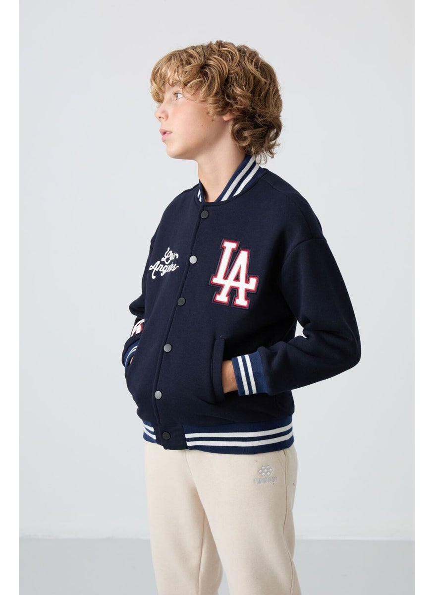 Navy Blue Cotton Thick Fluffy Soft Texture Standard Fit Embroidered Boy's College Jacket - 11258