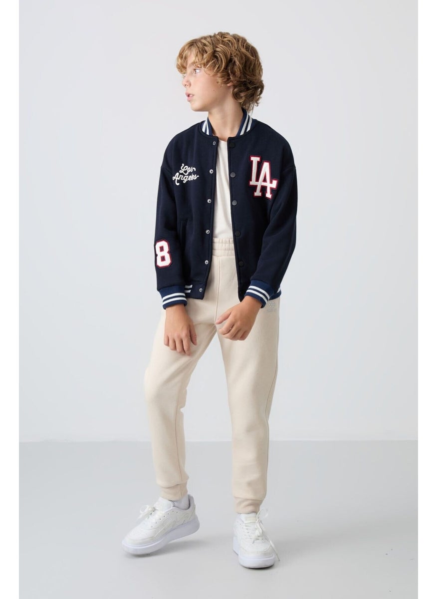 Navy Blue Cotton Thick Fluffy Soft Texture Standard Fit Embroidered Boy's College Jacket - 11258