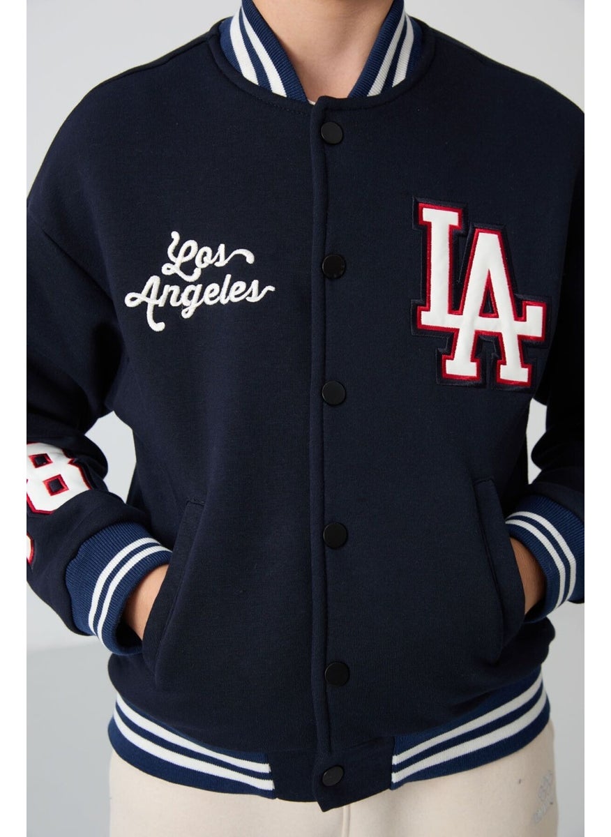 Navy Blue Cotton Thick Fluffy Soft Texture Standard Fit Embroidered Boy's College Jacket - 11258