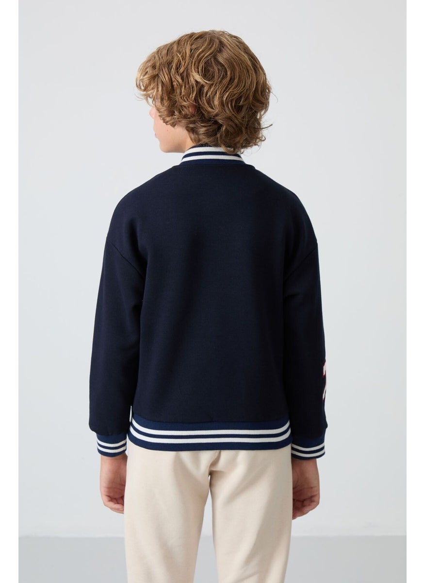 Navy Blue Cotton Thick Fluffy Soft Texture Standard Fit Embroidered Boy's College Jacket - 11258