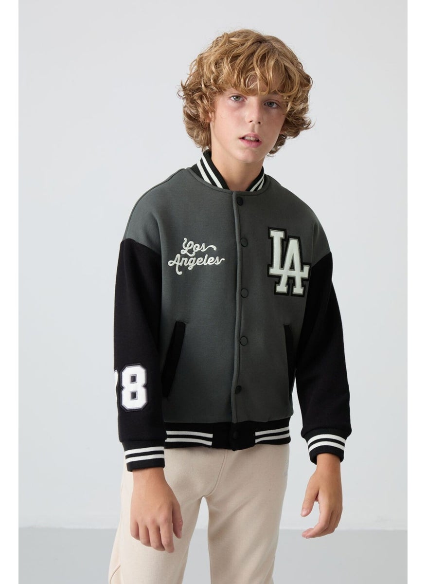 Khaki Cotton Thick Fluffy Soft Texture Standard Fit Embroidered Boy's College Jacket - 11258