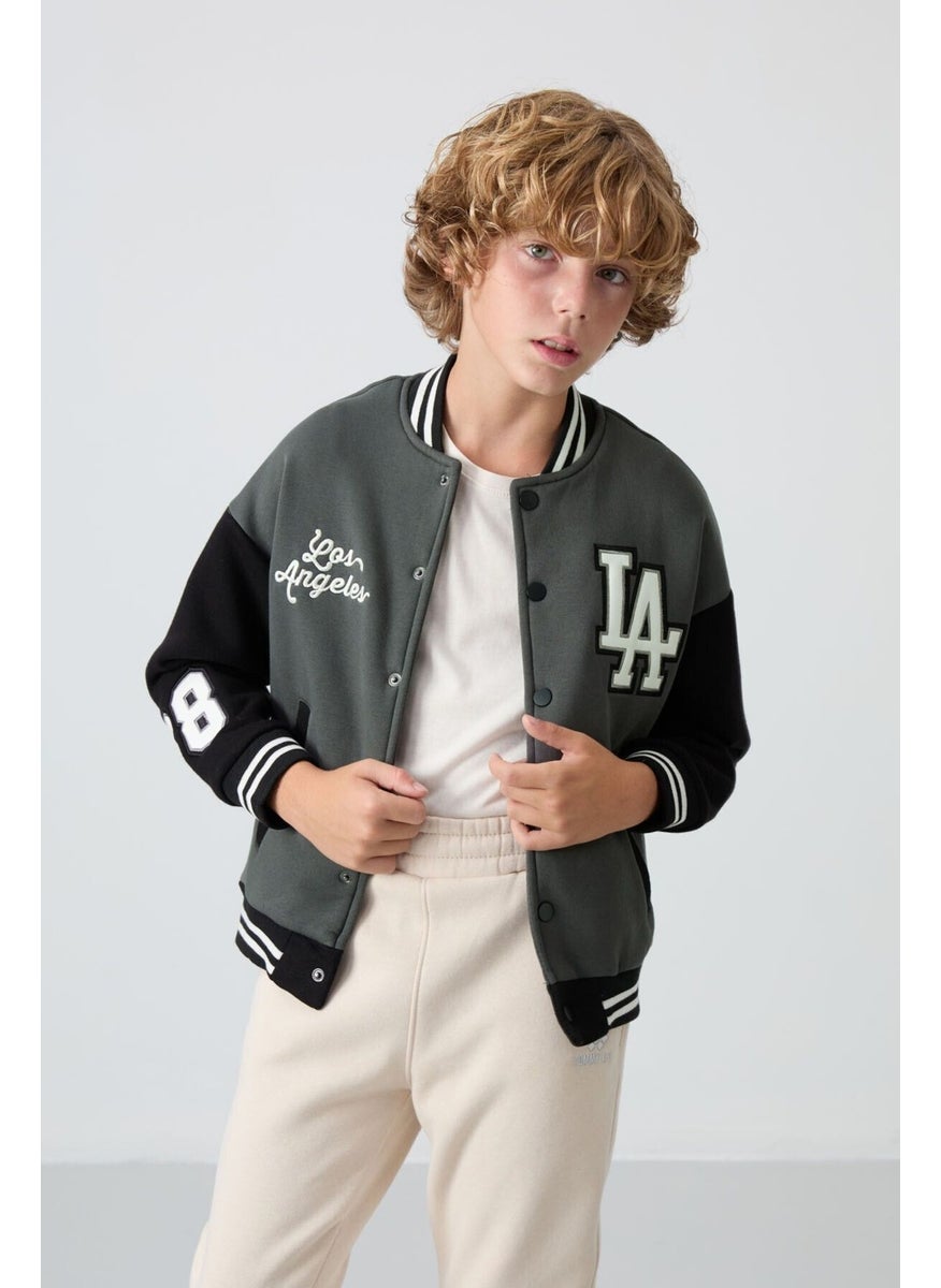 Khaki Cotton Thick Fluffy Soft Texture Standard Fit Embroidered Boy's College Jacket - 11258