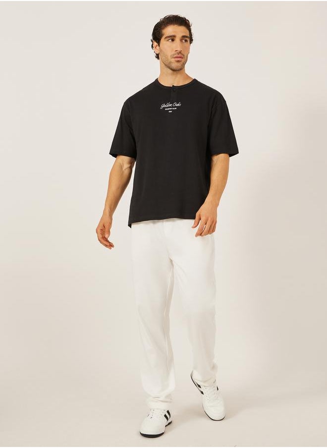 Placement Embroidered Oversized Henley Neck T-Shirt