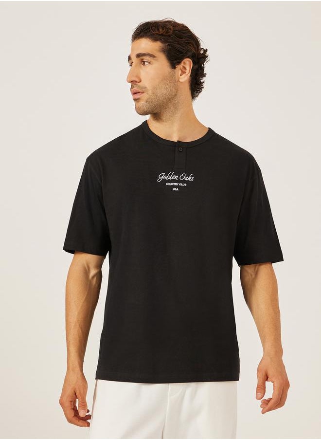 Placement Embroidered Oversized Henley Neck T-Shirt