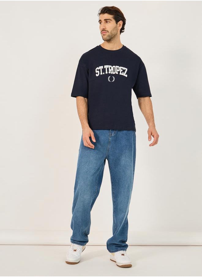 Slogan Embroidered Crew Neck Oversized T-Shirt
