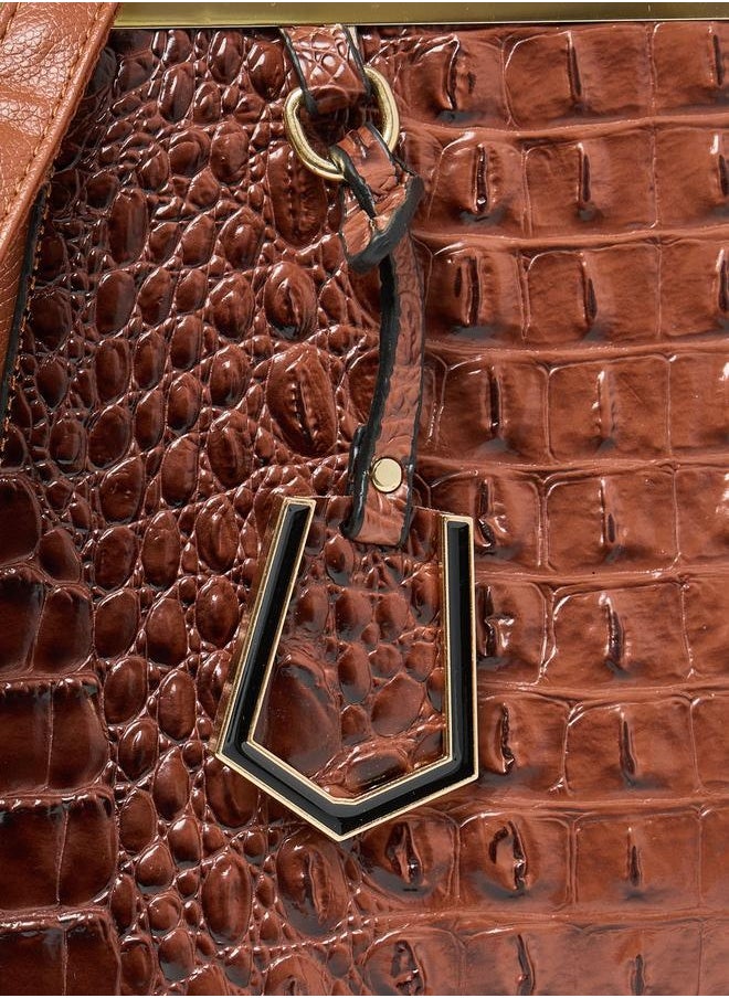 Croc Skin Drop Accent Handbag with Zip Closure