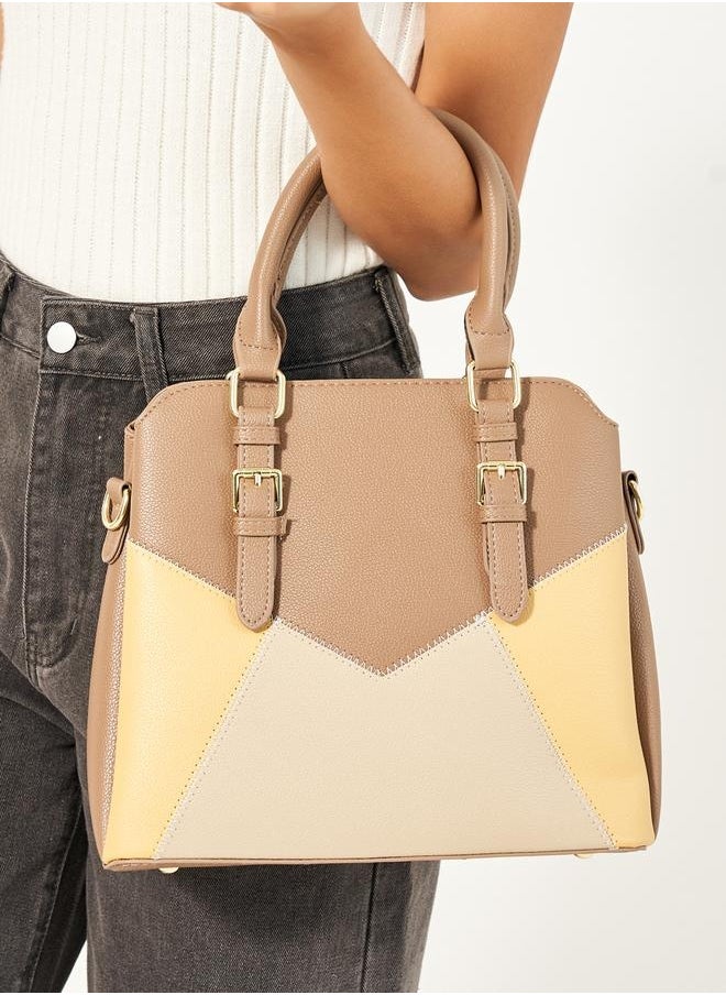 Colorblock Handbag with Top Handles and Belted Details