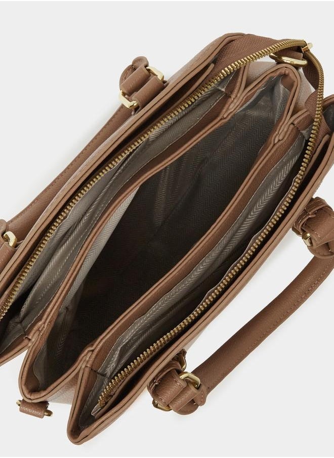 Colorblock Handbag with Top Handles and Belted Details
