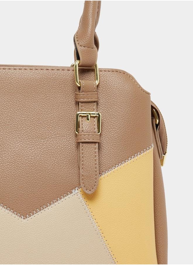 Colorblock Handbag with Top Handles and Belted Details