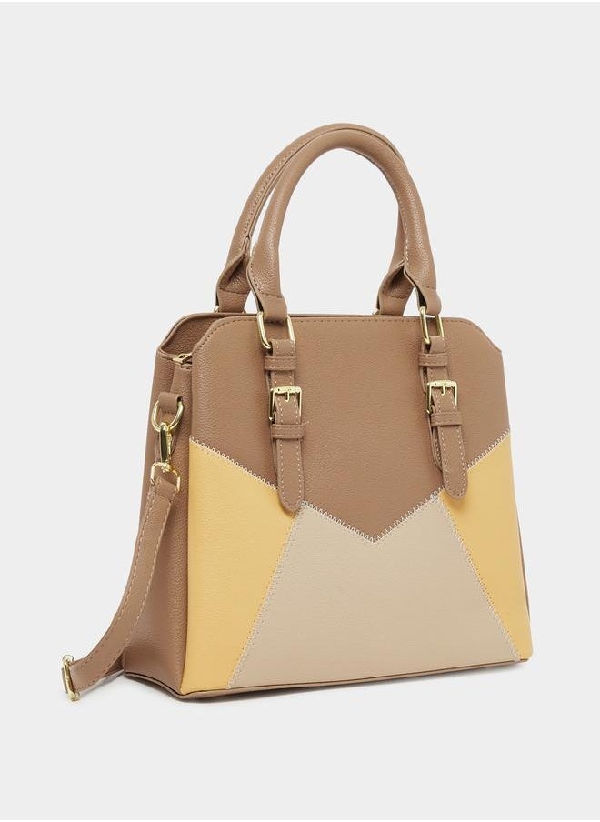 Colorblock Handbag with Top Handles and Belted Details