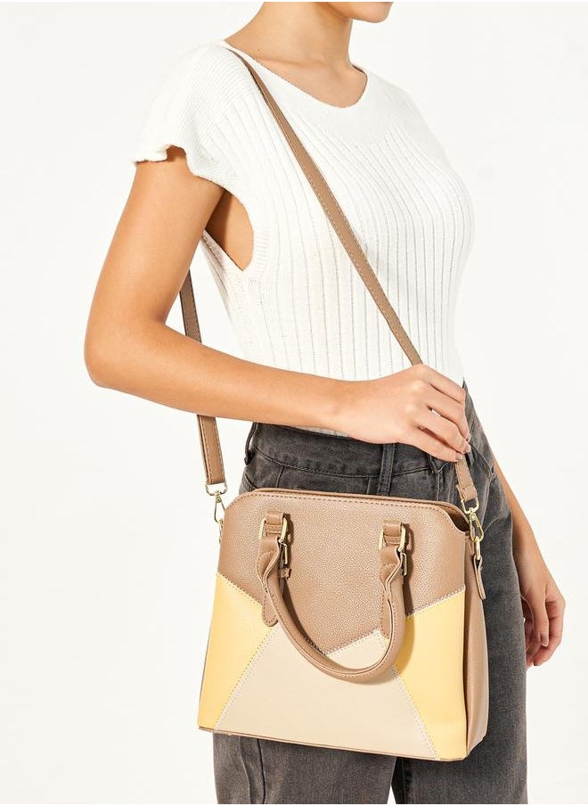 Colorblock Handbag with Top Handles and Belted Details
