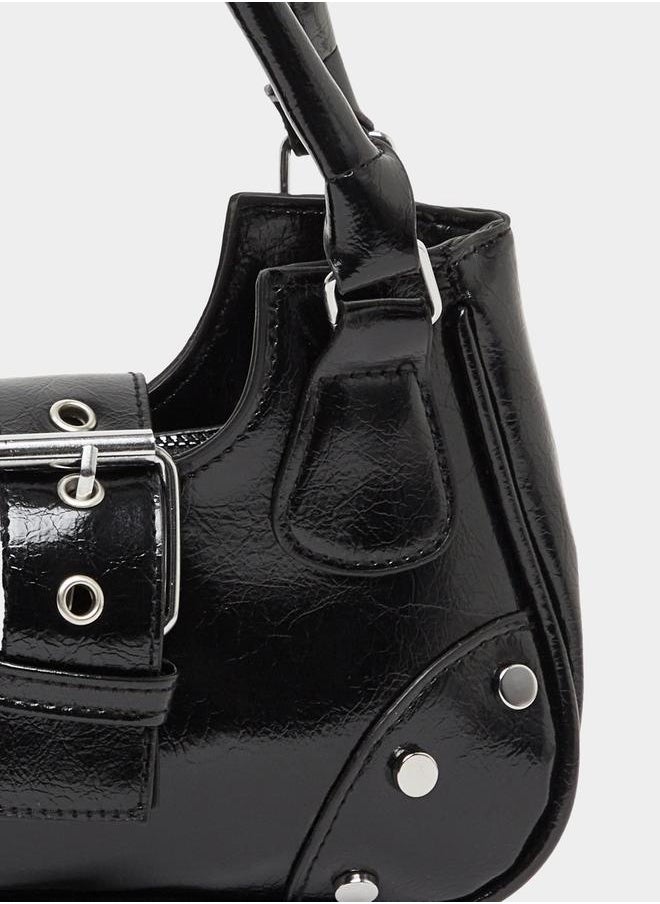 Studded Belt Buckle Accent Handbag with Top Handles