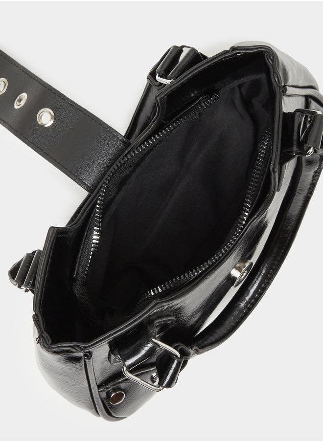 Studded Belt Buckle Accent Handbag with Top Handles
