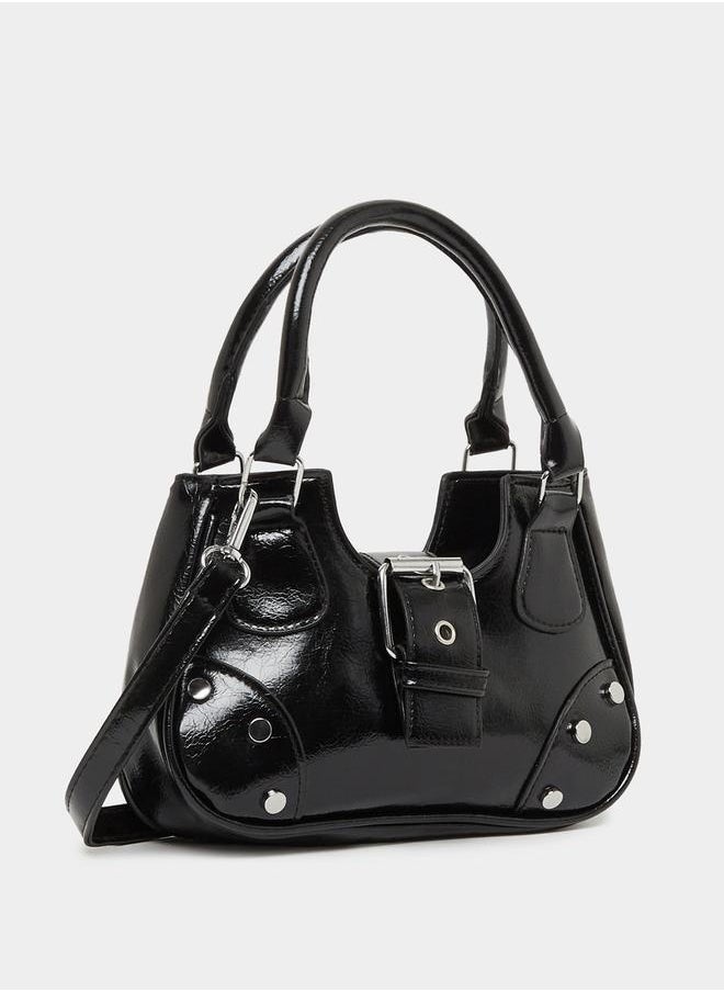 Studded Belt Buckle Accent Handbag with Top Handles