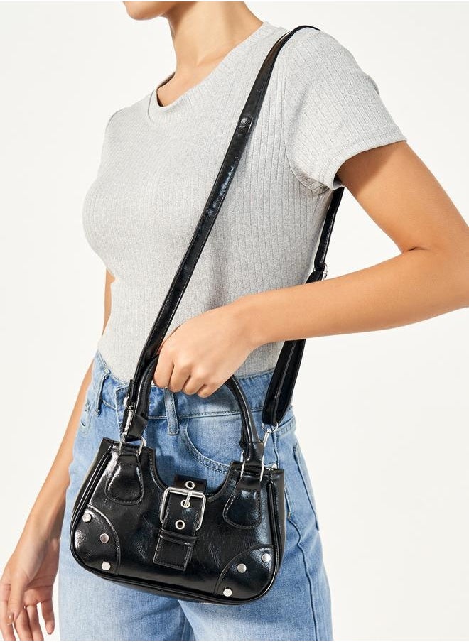Studded Belt Buckle Accent Handbag with Top Handles