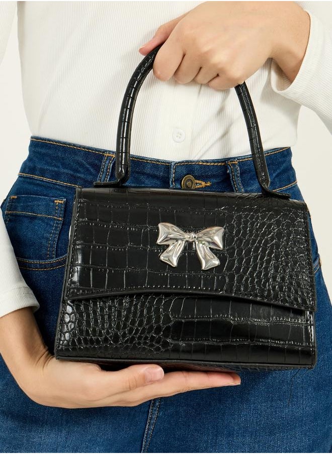 Ribbon Accent Croc Textured Handbag with Top Handle