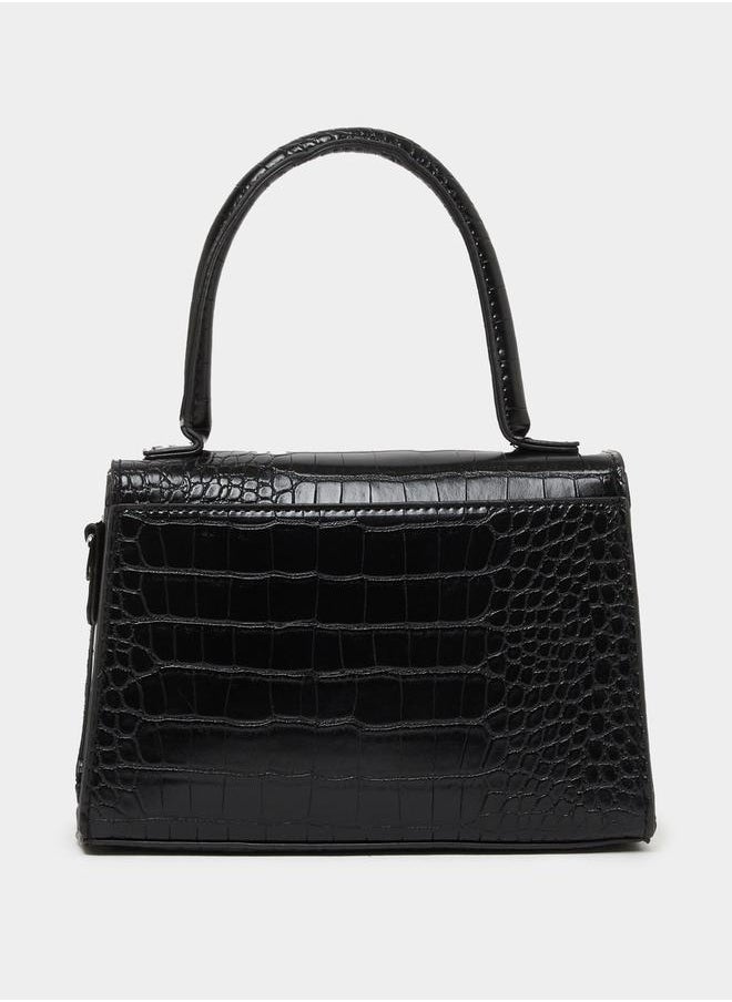 Ribbon Accent Croc Textured Handbag with Top Handle