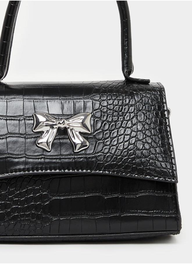 Ribbon Accent Croc Textured Handbag with Top Handle