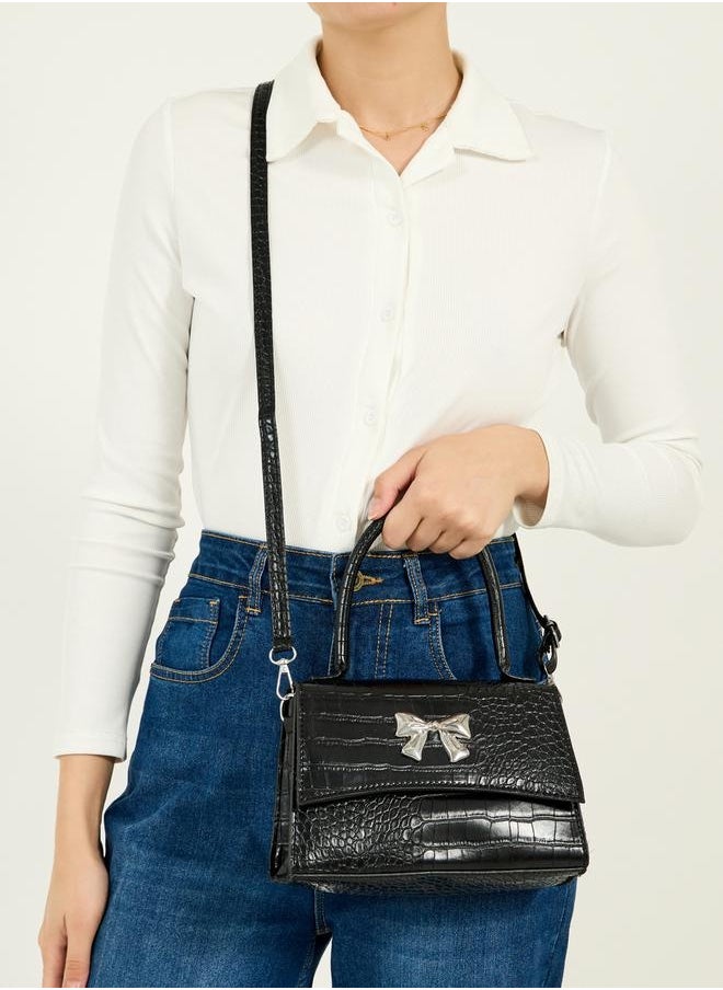 Ribbon Accent Croc Textured Handbag with Top Handle
