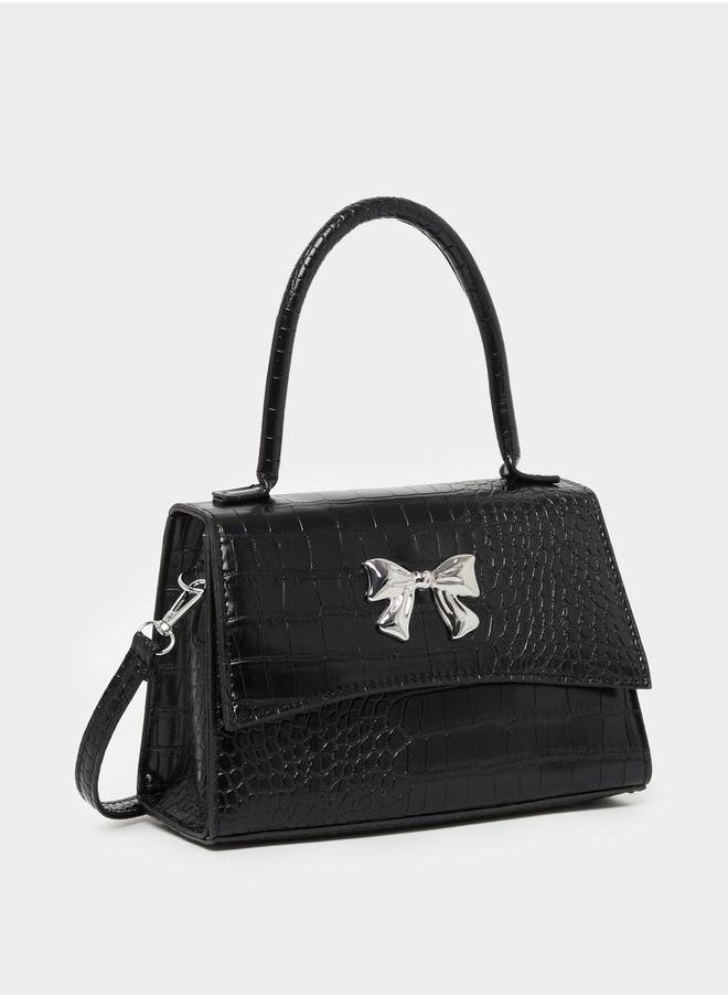 Ribbon Accent Croc Textured Handbag with Top Handle