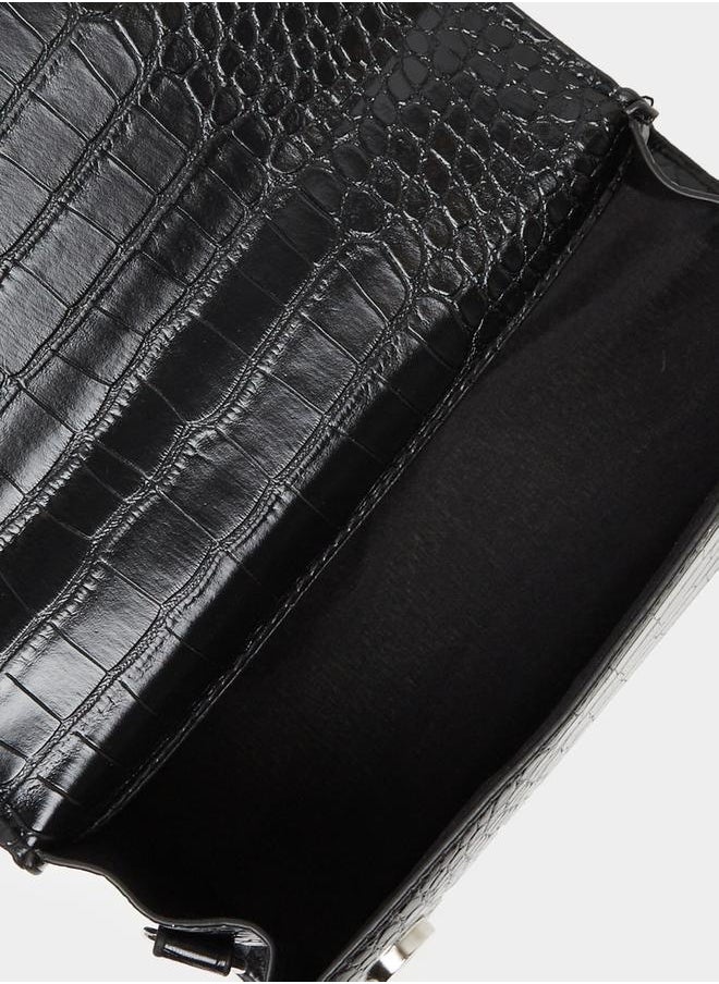 Ribbon Accent Croc Textured Handbag with Top Handle