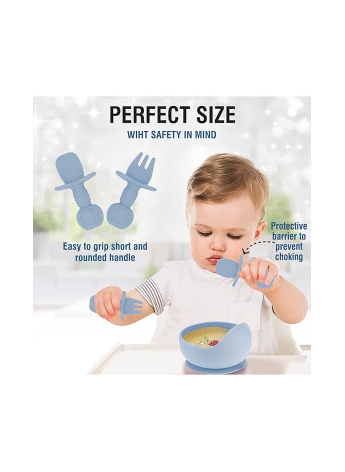 10 pieces Baby silicone feeding set/ Children's Cutlery & tableware set/ Portable, Travel friendly/ Non-toxic Food Grade Silicone/ Baby Feeding Set/ Safe & Reusable Utensils for toddlers and kids (10 Pieces/ Compartment Plate, Bowl, Short Fork & Spoon, Water Cup, Bib, Long Fork & Spoon, Fruit Feeder, toothbrush)/ Blue
