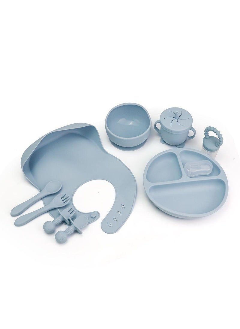 10 pieces Baby silicone feeding set/ Children's Cutlery & tableware set/ Portable, Travel friendly/ Non-toxic Food Grade Silicone/ Baby Feeding Set/ Safe & Reusable Utensils for toddlers and kids (10 Pieces/ Compartment Plate, Bowl, Short Fork & Spoon, Water Cup, Bib, Long Fork & Spoon, Fruit Feeder, toothbrush)/ Blue
