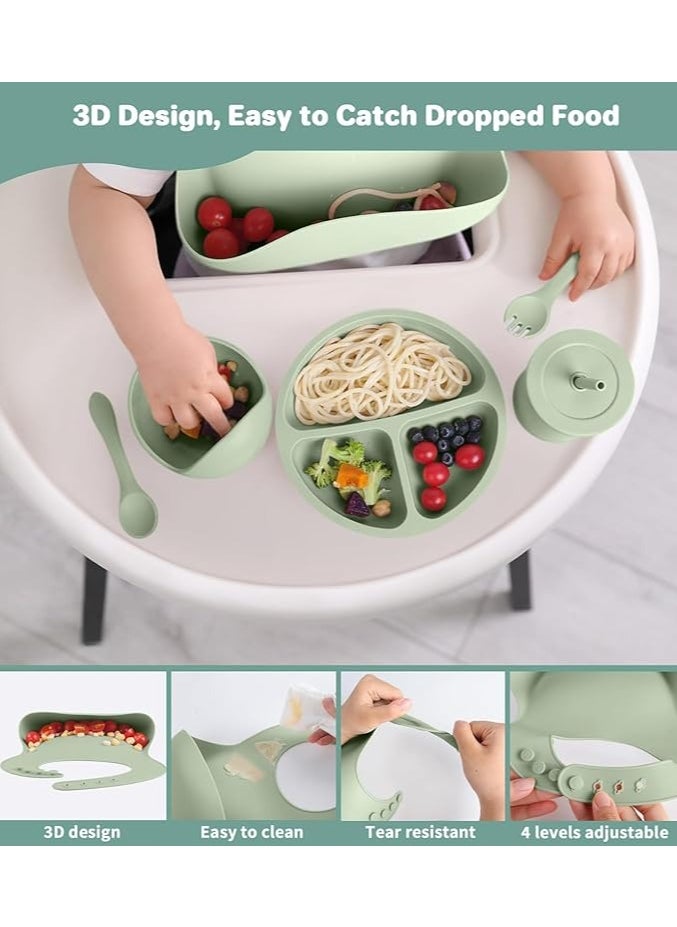 10 pieces Baby silicone feeding set/ Children's Cutlery & tableware set/ Portable, Travel friendly/ Non-toxic Food Grade Silicone/ Baby Feeding Set/ Safe & Reusable Utensils for toddlers and kids (10 Pieces/ Compartment Plate, Bowl, Short Fork & Spoon, Water Cup, Bib, Long Fork & Spoon, Fruit Feeder, toothbrush)/ Green
