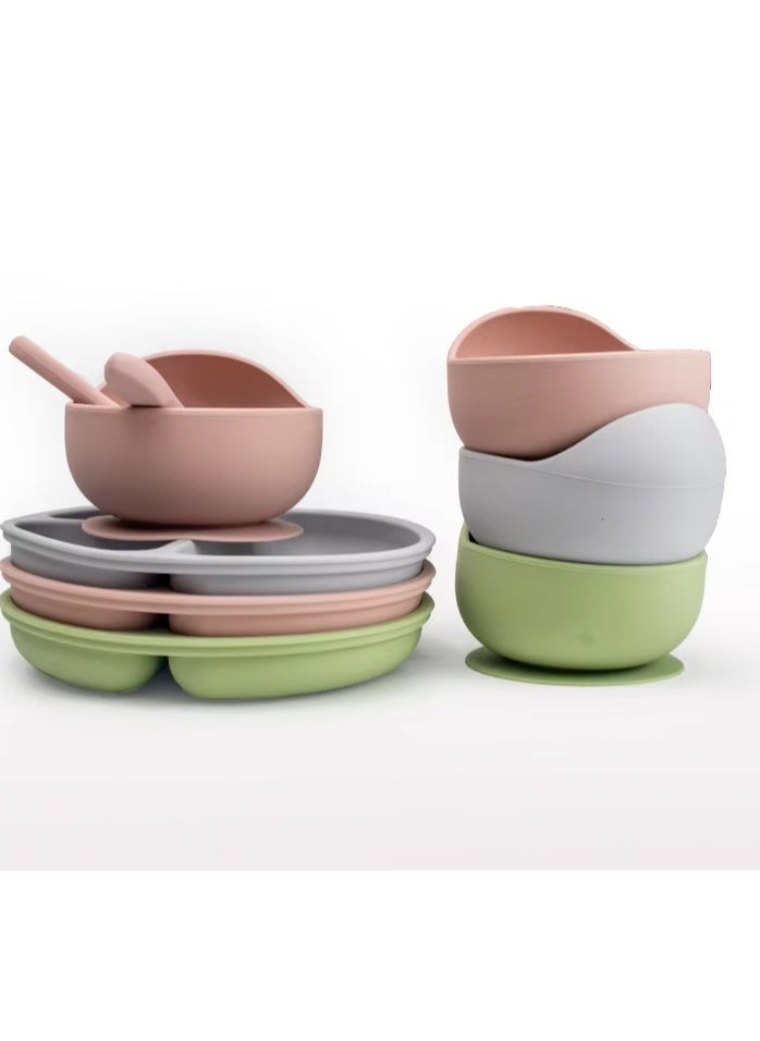 10 pieces Baby silicone feeding set/ Children's Cutlery & tableware set/ Portable, Travel friendly/ Non-toxic Food Grade Silicone/ Baby Feeding Set/ Safe & Reusable Utensils for toddlers and kids (10 Pieces/ Compartment Plate, Bowl, Short Fork & Spoon, Water Cup, Bib, Long Fork & Spoon, Fruit Feeder, toothbrush)/ Green