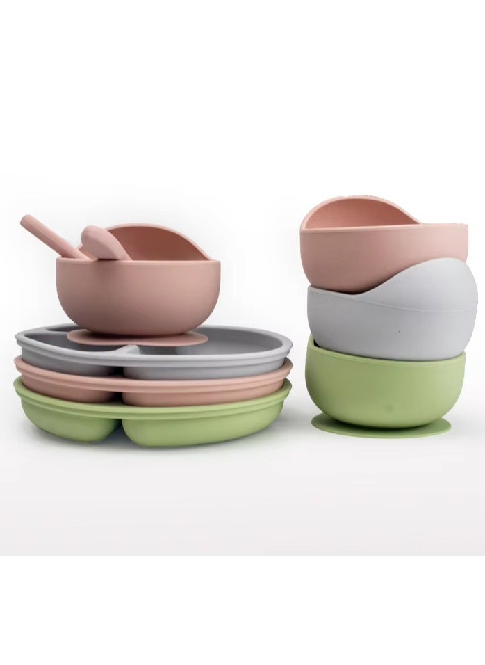 10 pieces Baby silicone feeding set/ Children's Cutlery & tableware set/ Portable, Travel friendly/ Non-toxic Food Grade Silicone/ Baby Feeding Set/ Safe & Reusable Utensils for toddlers and kids (10 Pieces/ Compartment Plate, Bowl, Short Fork & Spoon, Water Cup, Bib, Long Fork & Spoon, Fruit Feeder, toothbrush)/ Pink