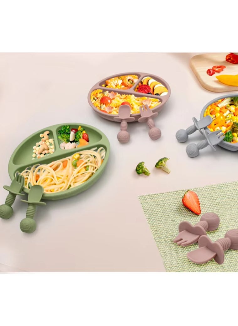 10 pieces Baby silicone feeding set/ Children's Cutlery & tableware set/ Portable, Travel friendly/ Non-toxic Food Grade Silicone/ Baby Feeding Set/ Safe & Reusable Utensils for toddlers and kids (10 Pieces/ Compartment Plate, Bowl, Short Fork & Spoon, Water Cup, Bib, Long Fork & Spoon, Fruit Feeder, toothbrush)/ Pink