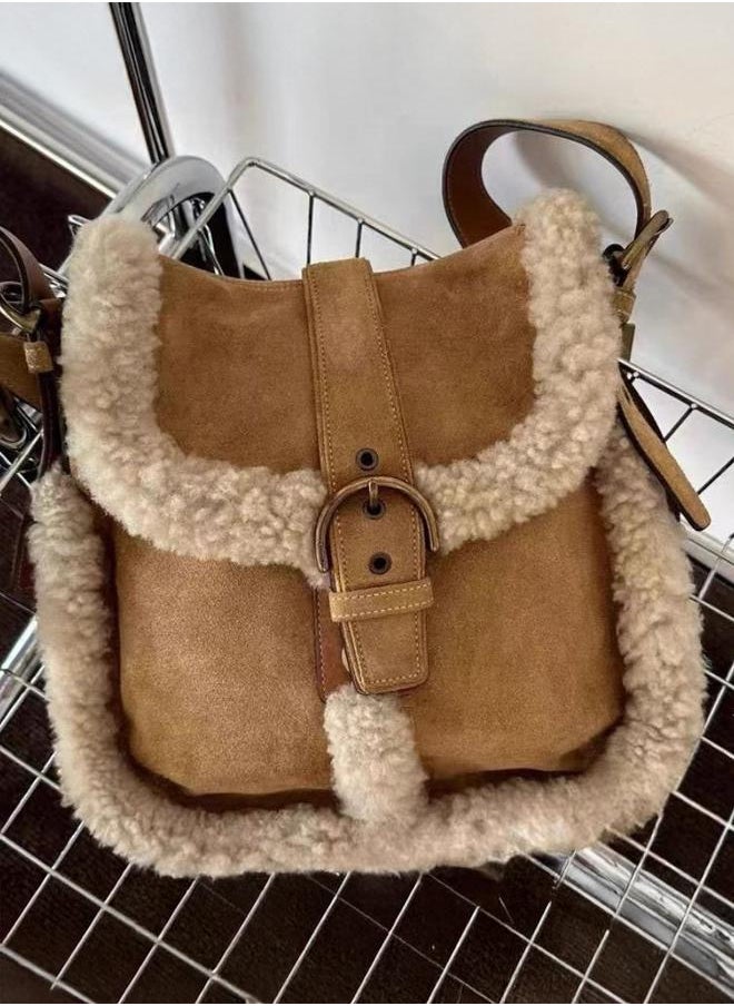 Fur Insert Shoulder Bag with Buckle
