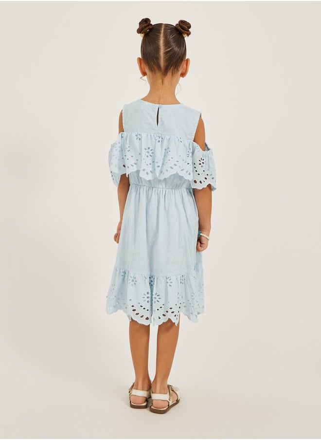 Styli Cold Shoulder Sleeve Schiffli Dress