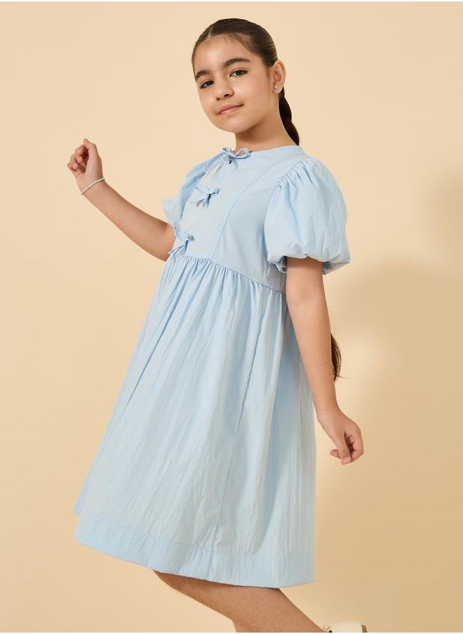 Puff Sleeve Bow Detail Round Neck Dress