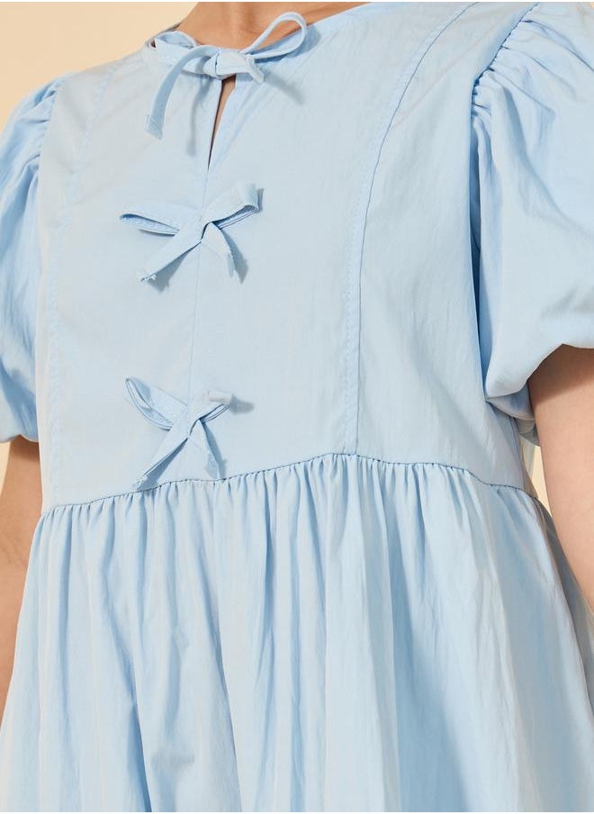 Puff Sleeve Bow Detail Round Neck Dress
