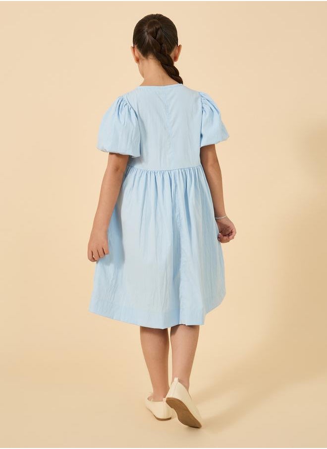 Puff Sleeve Bow Detail Round Neck Dress