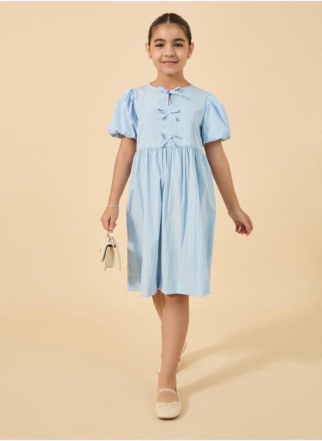 Puff Sleeve Bow Detail Round Neck Dress
