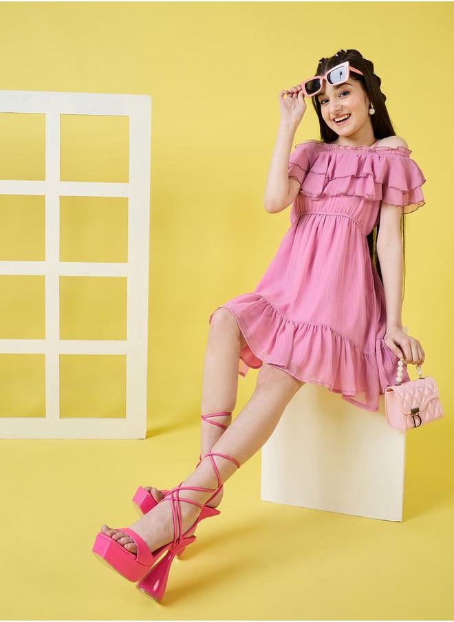 Solid Cold-Shoulder Sleeves Ruffled Dress by Styli
