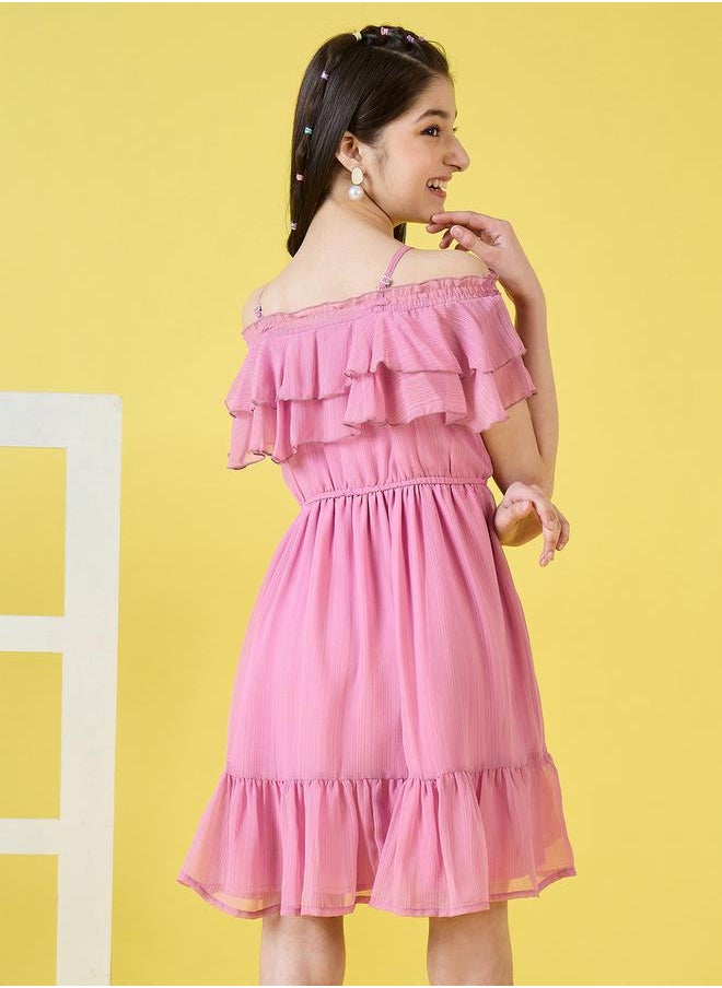 Solid Cold-Shoulder Sleeves Ruffled Dress by Styli