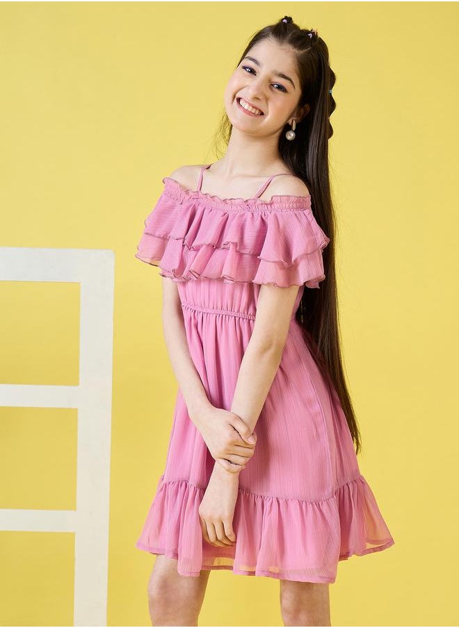 Solid Cold-Shoulder Sleeves Ruffled Dress by Styli