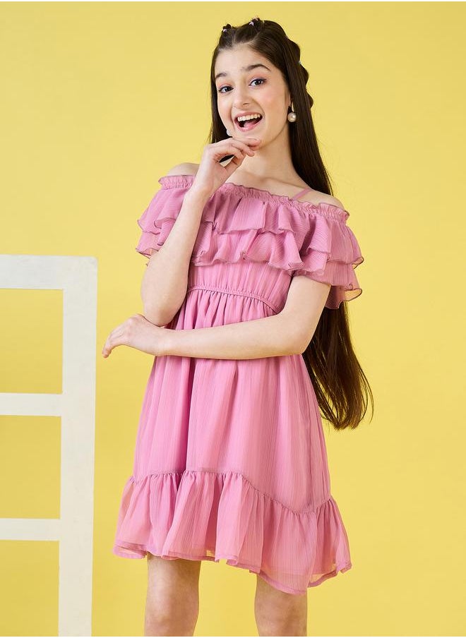 Solid Cold-Shoulder Sleeves Ruffled Dress by Styli
