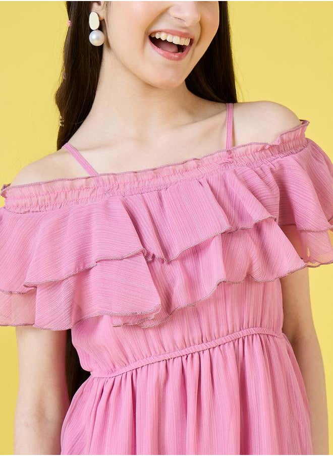 Solid Cold-Shoulder Sleeves Ruffled Dress by Styli