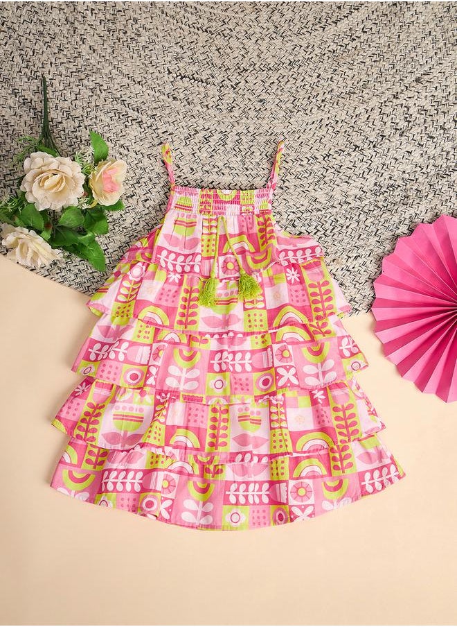 All-Over Print Strappy Smocked Detail Tiered Dress by Styli