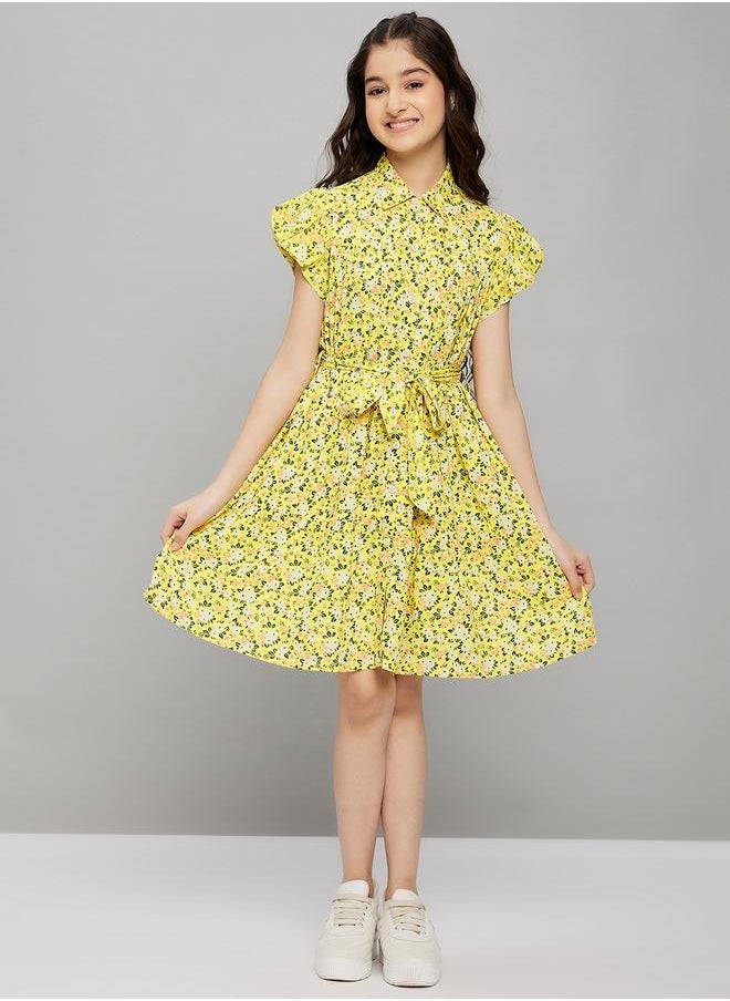 Floral Print Collared Dress with Belt by Styli