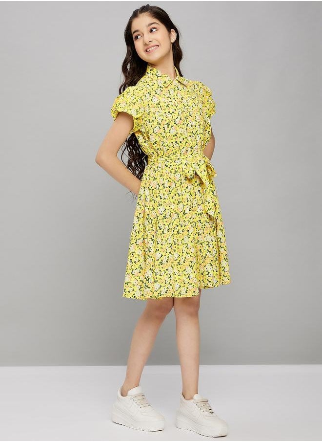 Floral Print Collared Dress with Belt by Styli