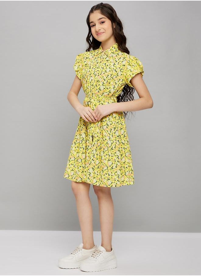 Floral Print Collared Dress with Belt by Styli