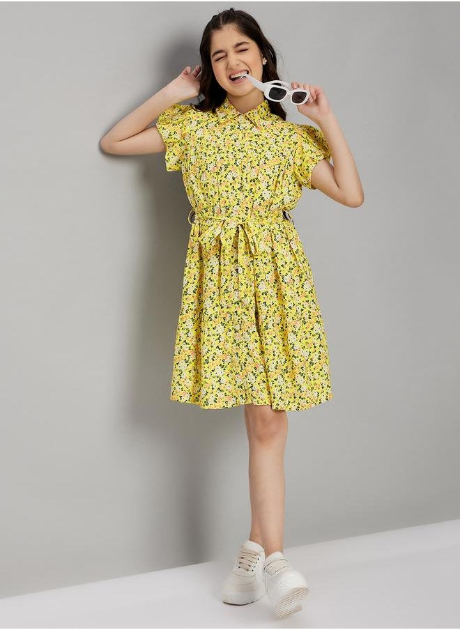 Floral Print Collared Dress with Belt by Styli