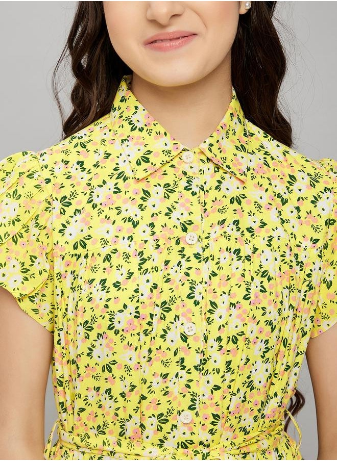 Floral Print Collared Dress with Belt by Styli