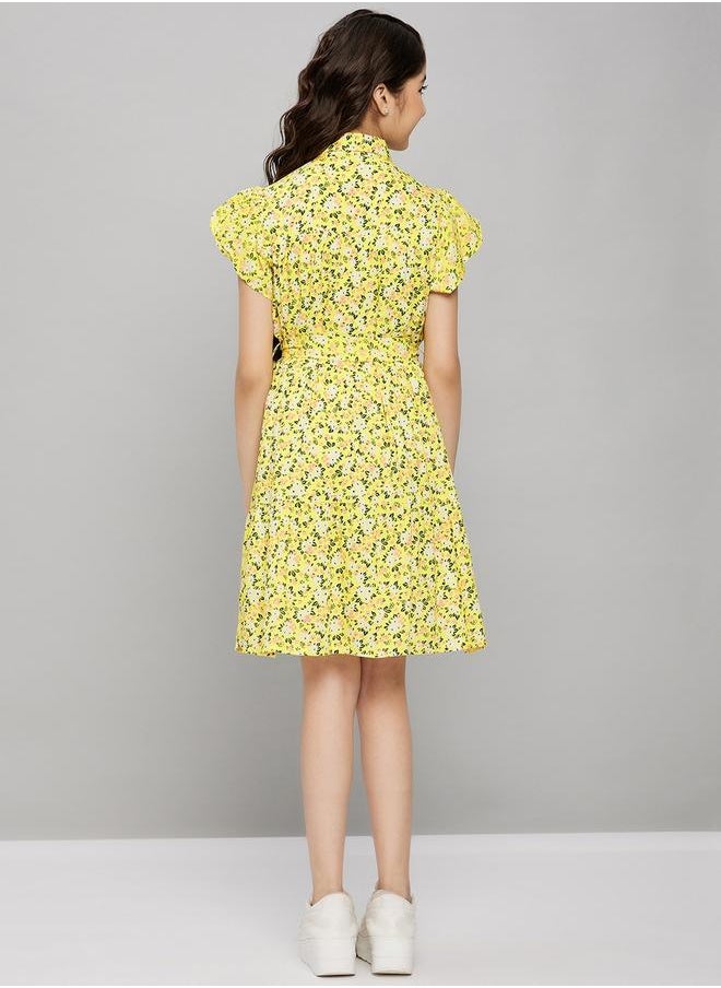 Floral Print Collared Dress with Belt by Styli